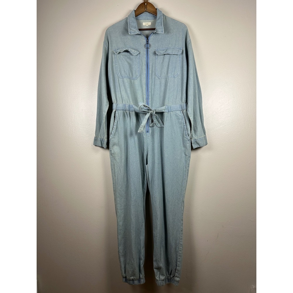 Easel Women's L Utility Jumpsuit Light Wash Blue Zip Front Tie Waist Boho Worker